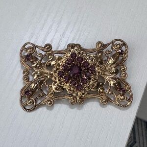 Vintage Gold-Tone Filigree Brooch with Purple Stones